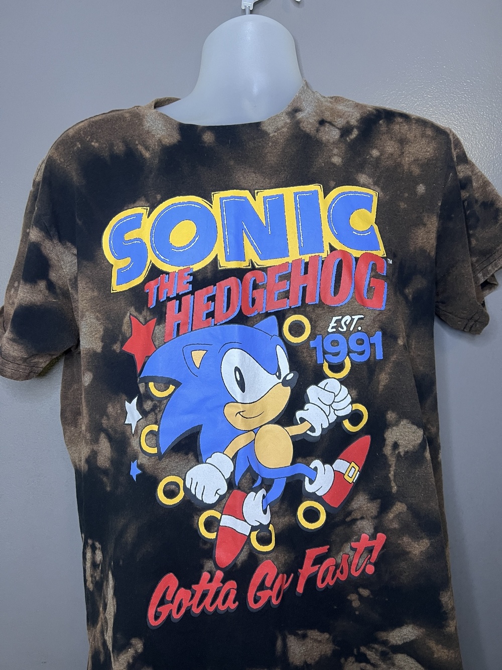 Sonic The Hedgehog Shirt Mens Large Black Bleach Tie Dye Gotta Go Fast Tee